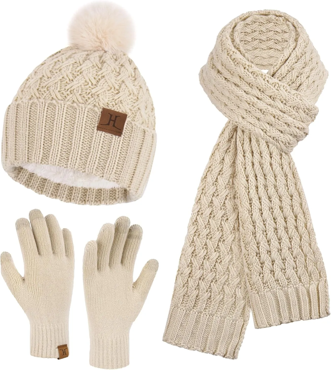 Womens Winter Beanie Hat Touchscreen Gloves Long Neck Scarf Set Warm Knit Caps with Pom Fleece Gifts for Women