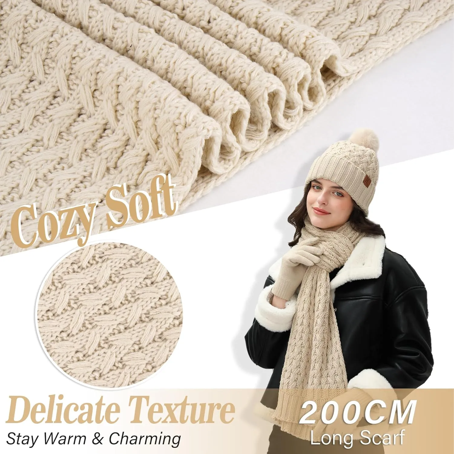 Womens Winter Beanie Hat Touchscreen Gloves Long Neck Scarf Set Warm Knit Caps with Pom Fleece Gifts for Women