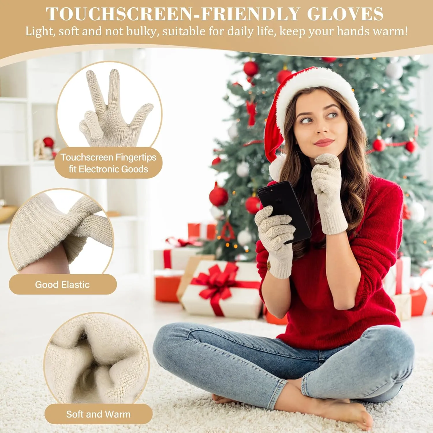 Womens Winter Beanie Hat Touchscreen Gloves Long Neck Scarf Set Warm Knit Caps with Pom Fleece Gifts for Women