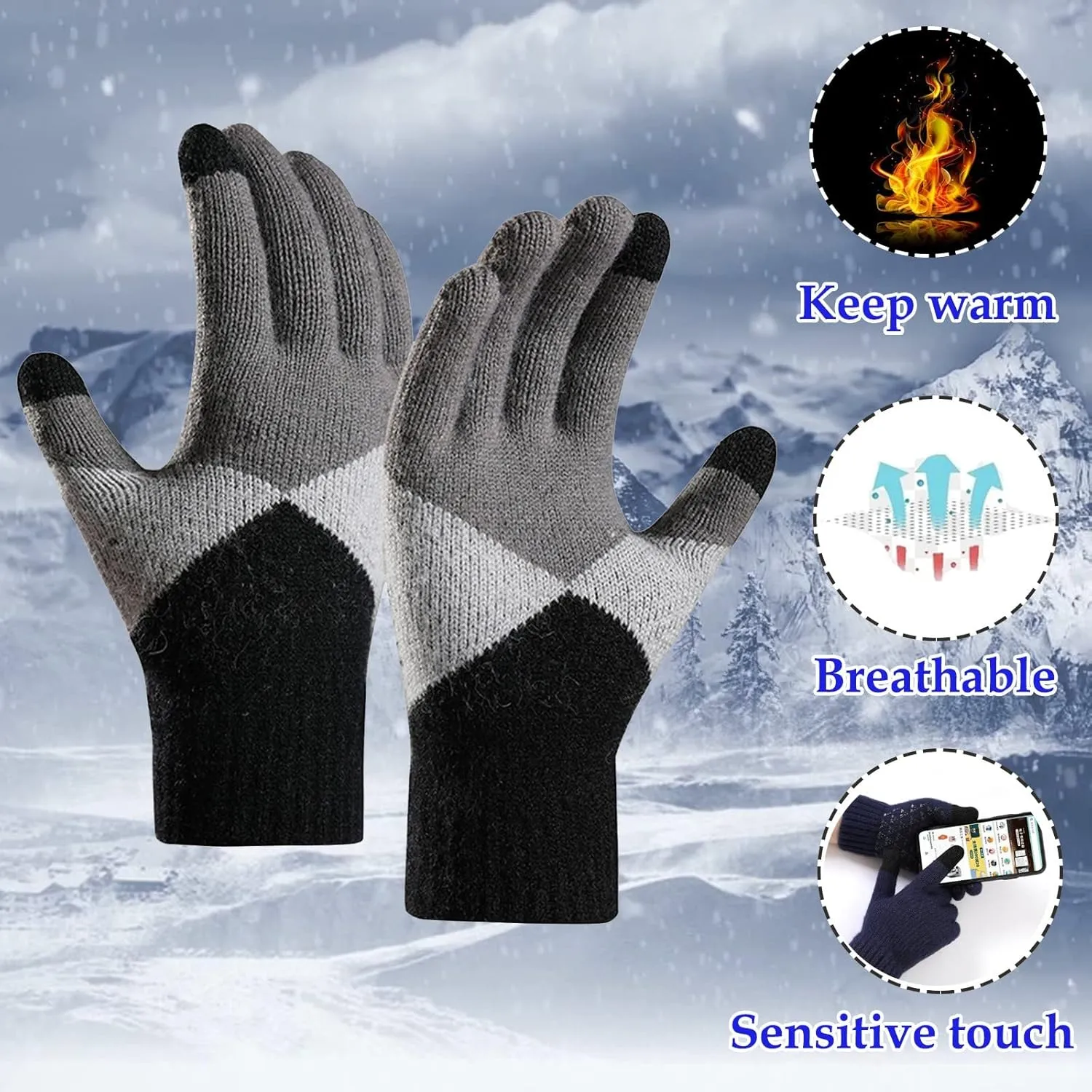 Women's Winter Touchscreen Gloves Warm Knit Gloves, Elastic Cuff Winter Texting Gloves Christmas Halloween
