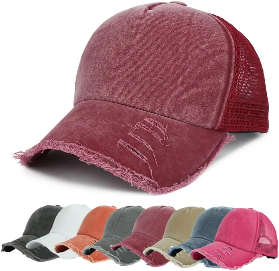 YuMENo Summer Mesh Back Baseball Cap for Women Men Breathable Adjustable Vintage Washed Distressed Cotton Dad Hat